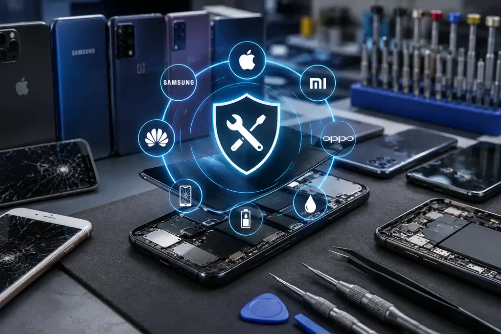 Handyreparatur – Techniker repariert ein Smartphone in einer professionellen Werkstatt