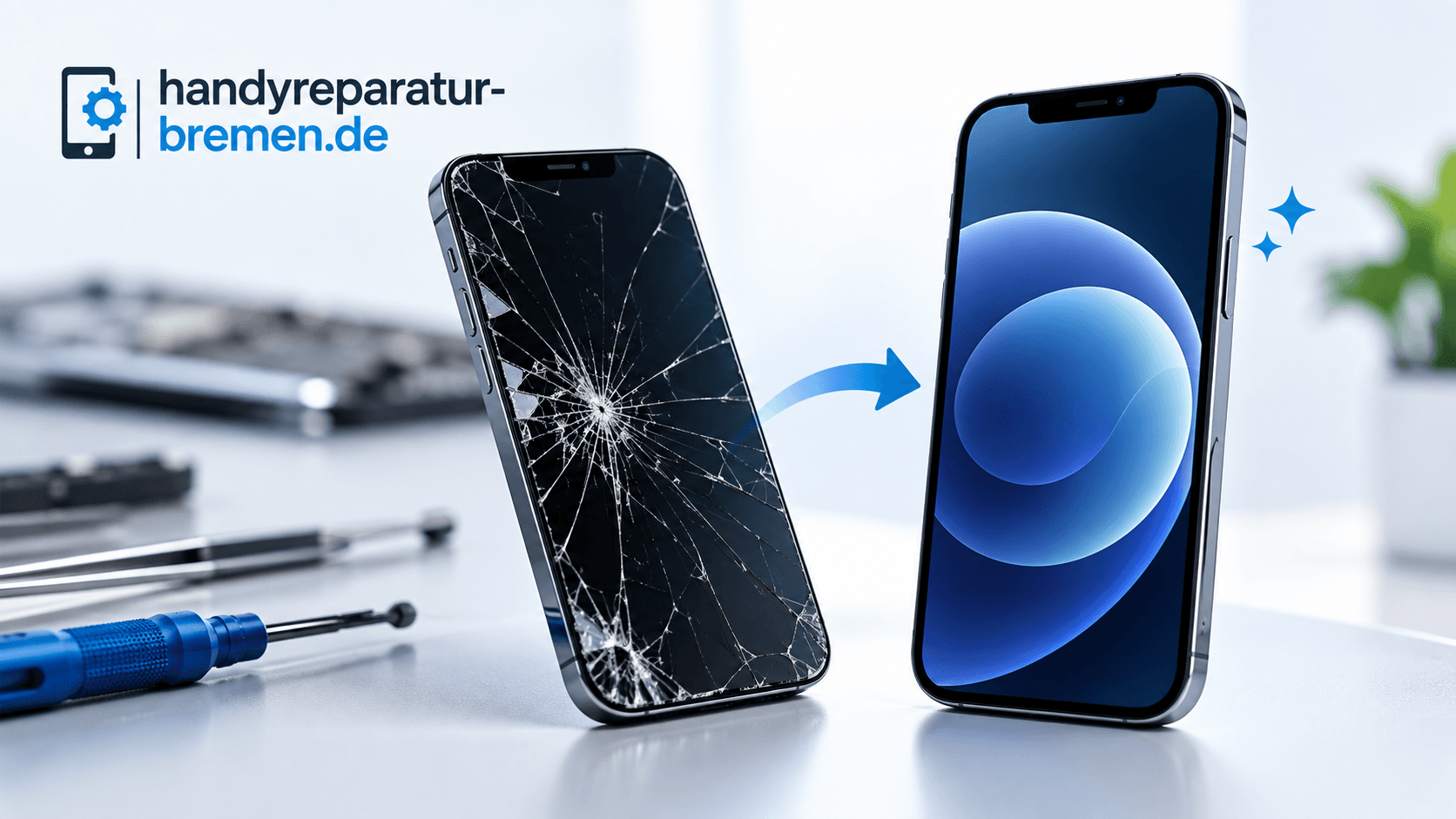 iPhone Display Reparatur before and after screen replacement with repair tools