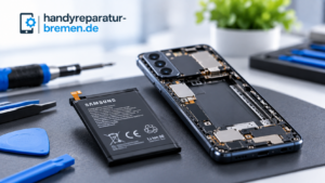 Samsung battery replacement showing an opened smartphone, removed battery, and repair tools